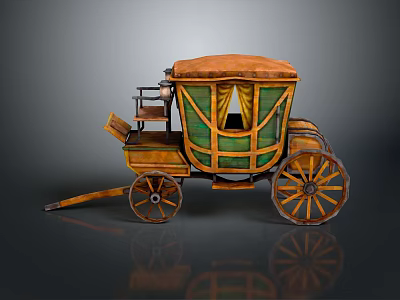 Vintage Horse Carriage With Orange Roof Green Body And Wooden Wheels 3d model