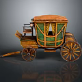 Vintage Horse Carriage With Orange Roof Green Body And Wooden Wheels