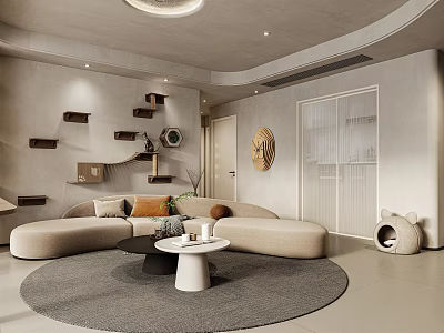 Modern Living Room Interior With Curved Sofa Round Rug And Wooden Wall Shelves 3d model