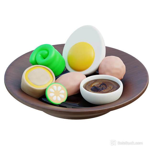 Assorted Food on Brown Plate with Green Roll Boiled Egg Meatballs Lemon Slice and Sauce 3d model 