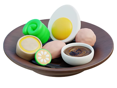 Assorted Food on Brown Plate with Green Roll Boiled Egg Meatballs Lemon Slice and Sauce 3d model