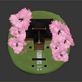 Traditional Japanese Building With Pink Cherry Blossom Trees Green Grass Stone Path and Red Lanterns