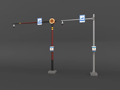 Road Infrastructure With Red Black Silver Gray Poles Traffic Lights Signs And Lighting Fixtures 3d model