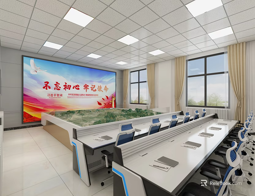 Modern Monitoring Room With Large Display Screen Slogan Banner And Workstations 3d model 