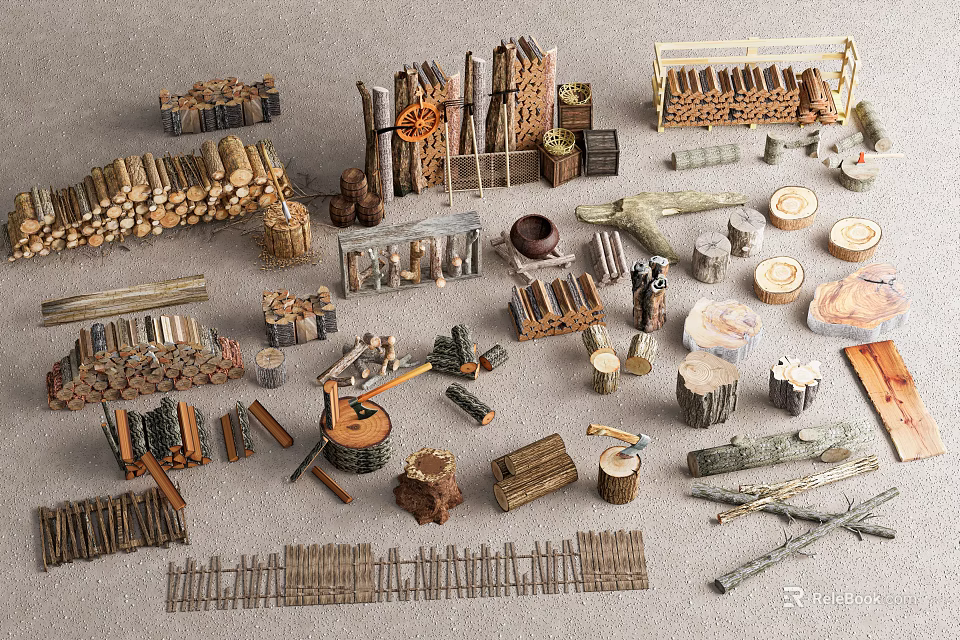 Stone And Wood Craft Items Collection With Logs Stumps Tools And Fences 3d model 