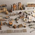Stone And Wood Craft Items Collection With Logs Stumps Tools And Fences