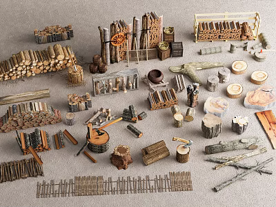 Stone And Wood Craft Items Collection With Logs Stumps Tools And Fences 3d model