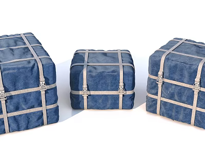 Three Different Sizes Blue Canvas Packages Tied With Straps And Metal Buckles 3d model