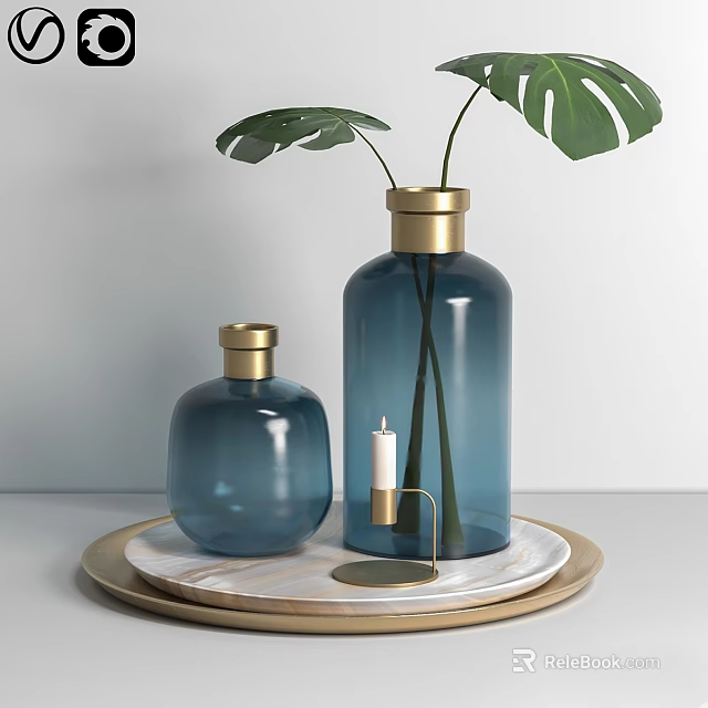 Decorative Ornament Set With Blue Glass Vases Golden Lids White Candle And Marble Tray 3d model 