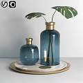 Decorative Ornament Set With Blue Glass Vases Golden Lids White Candle And Marble Tray