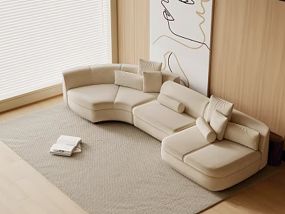 Bright Living Room Beige Sectional Sofa With Cushions On Woven Rug And Wooden Wall 3d model