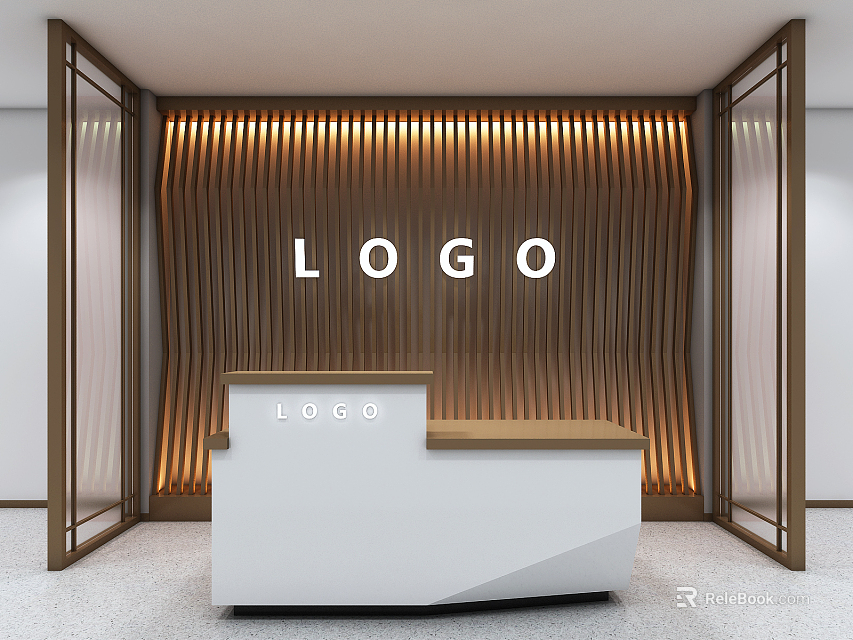 Modern Reception Desk with Wooden Slat Wall Logo Display White Countertop and Glass Doors 3d model 