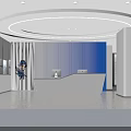 Modern Bright Minimalist Office Reception With Circular Ceiling Lights And Blue Gradient Accent Wall