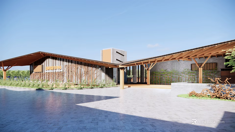 Modern Visitor Center Architecture With Wooden Roof And Courtyard Pool Open Area 3d model 