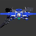 Blue and white sci-fi robot model with winged shoulders and holding weapons 3d model