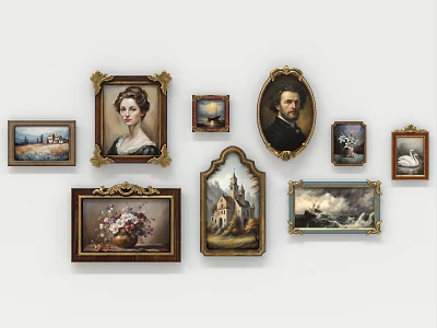 Diverse Oil Paintings Including Portraits Landscapes And Still Life In Ornate Golden Frames 3d model