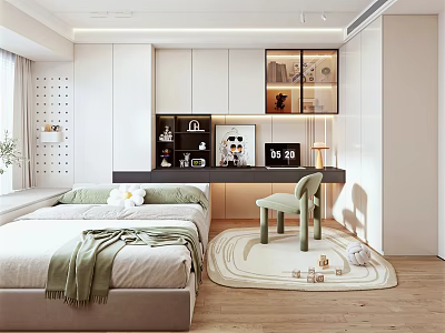 Modern Tatami Bedroom Interior With Tatami Bed Desk Open Cabinets Potted Plant And Soft Rug 3d model