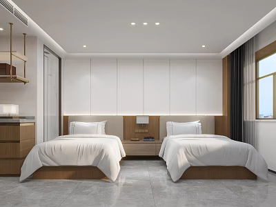 Hotel Guest Room With Twin Beds Wooden Headboards Light Colored Walls And Minimalist Design 3d model