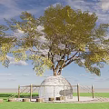 Decorative Lights Under Tree With Round Wooden Platform And Ambient Illumination
