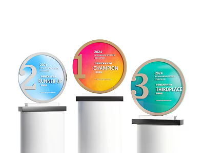 2024 Round Championship Runner Up Third Place Trophies On Stands 3d model