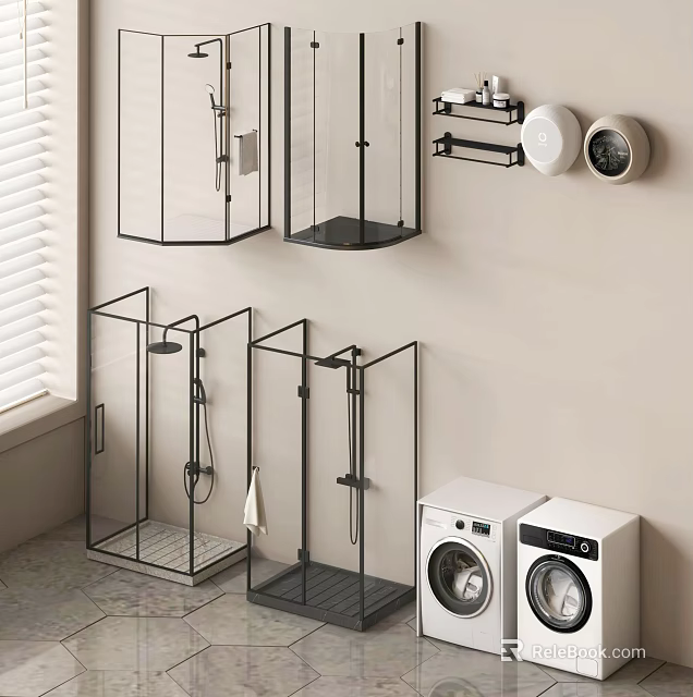 Contemporary Glass Shower Enclosures With Black Framed Shower Head And Washing Machines In Bathroom 3d model 