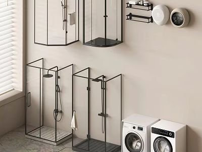 Contemporary Glass Shower Enclosures With Black Framed Shower Head And Washing Machines In Bathroom 3d model