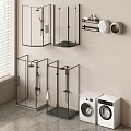 Contemporary Glass Shower Enclosures With Black Framed Shower Head And Washing Machines In Bathroom