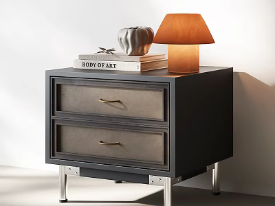 Black Bedside Table With Two Gray Drawer Fronts Metal Handles Orange Shade Lamp And Book 3d model