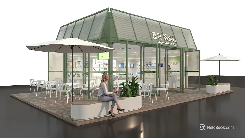Modern Green Frame Glass House Real Estate Sales Office With Cozy Outdoor Leisure Lounge Area 3d model 