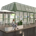 Modern Green Frame Glass House Real Estate Sales Office With Cozy Outdoor Leisure Lounge Area