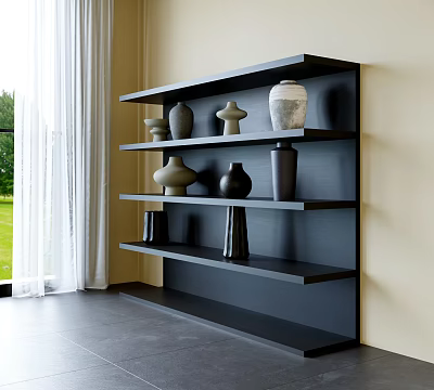Black Shelving Unit with Various Vases by Window Overlooking Green Grass Light Wall Dark Floor 3d model
