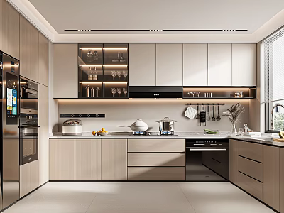 Modern Kitchen Interior Design With Built in Cabinets Lighting Countertop And Appliances 3d model