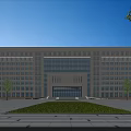 Modern Office Building Exterior With Symmetrical Design Large Windows Lawn And Trees