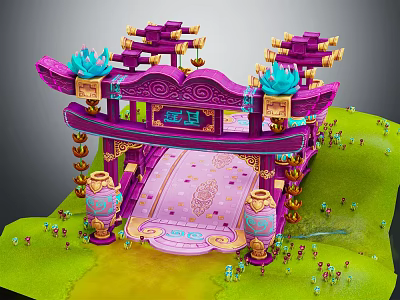 Cartoon Scene Featuring Purple Archway Blue Decorations Pink Pathway Green Grass And Small Colorful Characters 3d model
