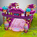Cartoon Scene Featuring Purple Archway Blue Decorations Pink Pathway Green Grass And Small Colorful Characters