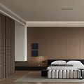 Modern Bedroom Interior With Wooden Panel Walls Platform Bed And Neutral Area Rug