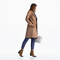 Woman Wearing Brown Coat With Dark Blue Top Blue Jeans And White Handbag