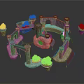 Medieval Castle Scene Components With Stone Towers Arched Gateways And Green Plants
