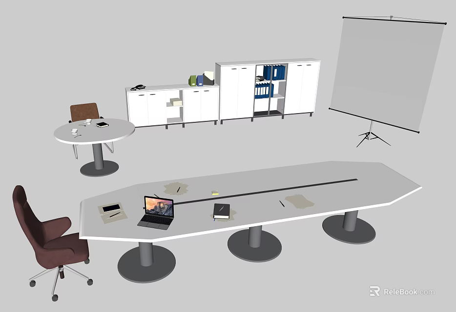 Modern Office Conference Table With Laptop Chair File Cabinet And Whiteboard 3d model 