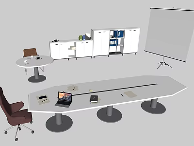 Modern Office Conference Table With Laptop Chair File Cabinet And Whiteboard 3d model