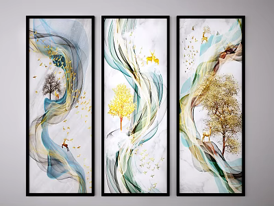 Three Vertical Abstract Paintings With Flowing Lines Golden Trees And Deer 3d model
