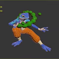 Blue Reptile in Dynamic Pose Performing with Green Hoop and Ball in Orange Pants