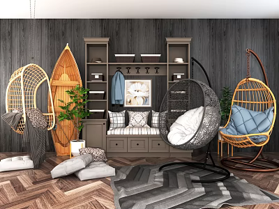 Modern Living Room Interior With Stylish Rattan Hanging Chairs Plush Pillows And Green Plants 3d model