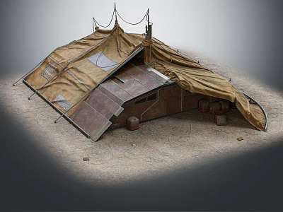 Tattered Vintage Canvas Tent With Ropes And Metal Buckets On Sandy Ground 3d model