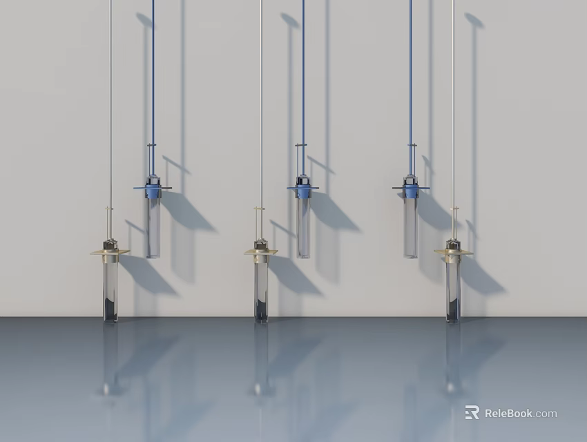 Three Modern Chandeliers With Blue Accents And Glass Tubes Hanging In Interior Space 3d model 