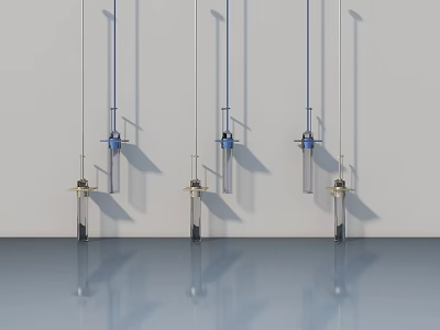 Three Modern Chandeliers With Blue Accents And Glass Tubes Hanging In Interior Space 3d model