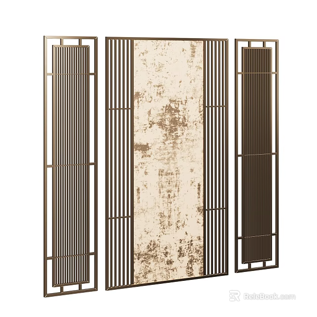 Modern Room Divider with Metal Frame Vertical Slats and Distressed Central Panel 3d model
