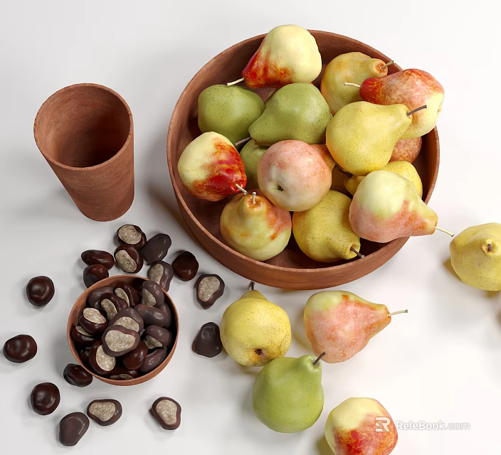 Fresh Assorted Pears in Wooden Bowl with Clay Cup and Chocolate Covered Chestnuts 3d model 