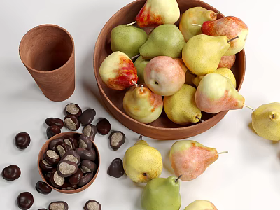 Fresh Assorted Pears in Wooden Bowl with Clay Cup and Chocolate Covered Chestnuts 3d model