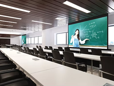 School Modern Classroom With Large Screen Math Formulas Desks Chairs Lighting And Teacher Explaining 3d model